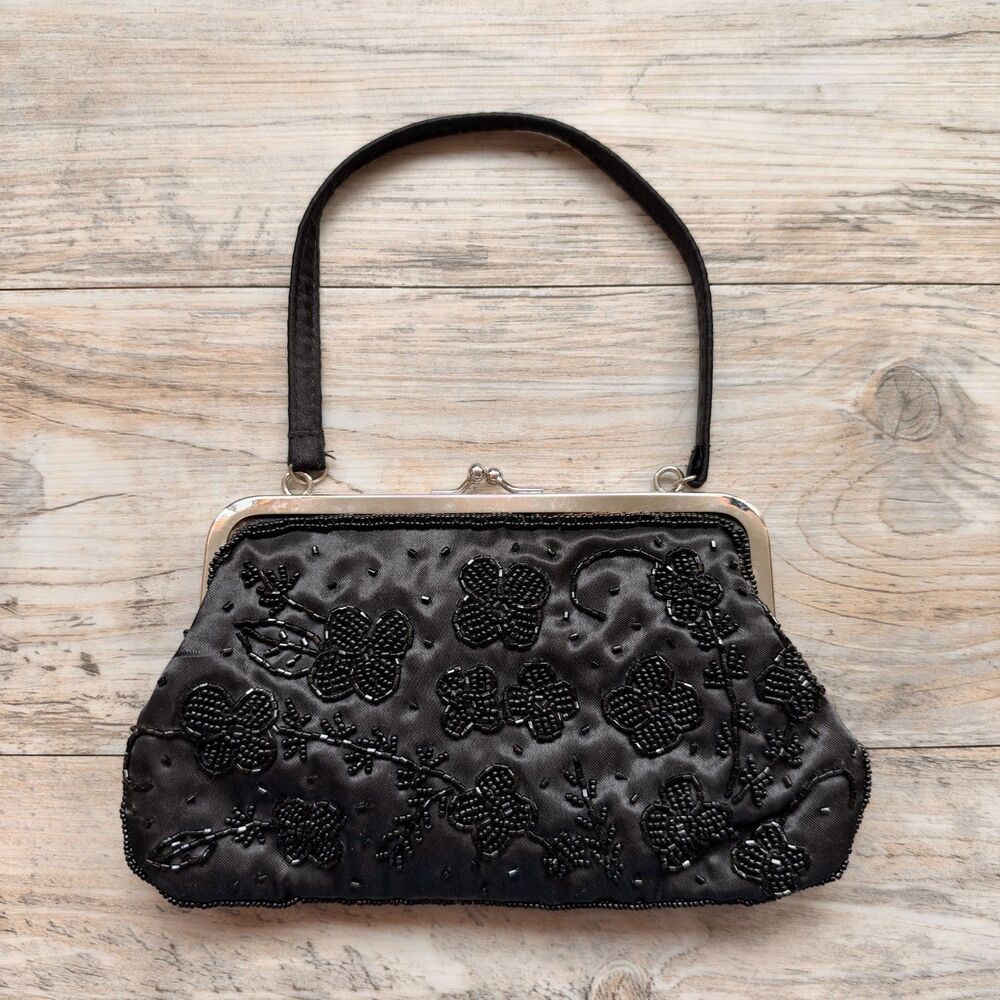 Vintage Black Beaded Floral Satin Evening Bag Kiss Lock Shoulder Purse Y2K